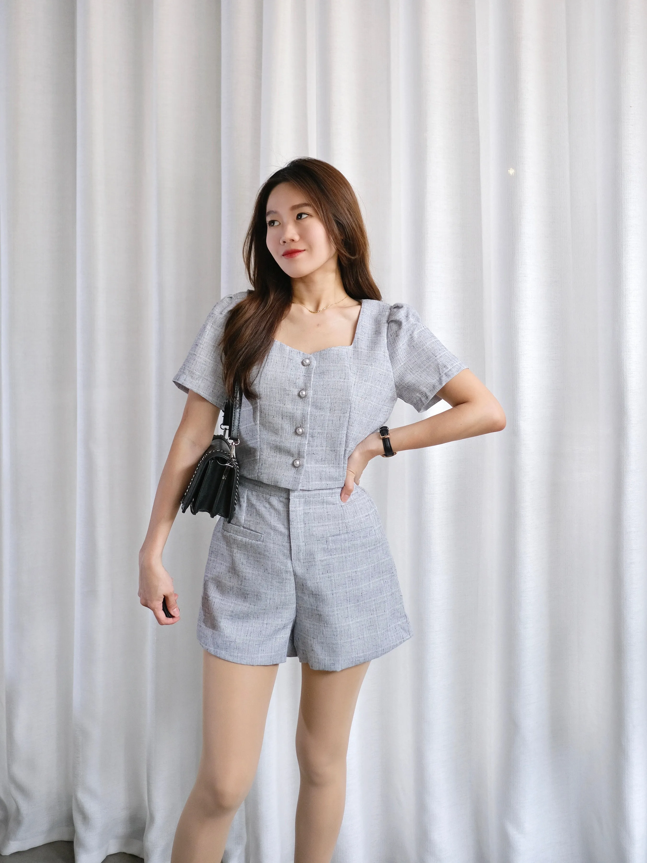 ACEWIN Two-Piece Tweed Plaid Top with Shorts Set (Size S-XL) 800104