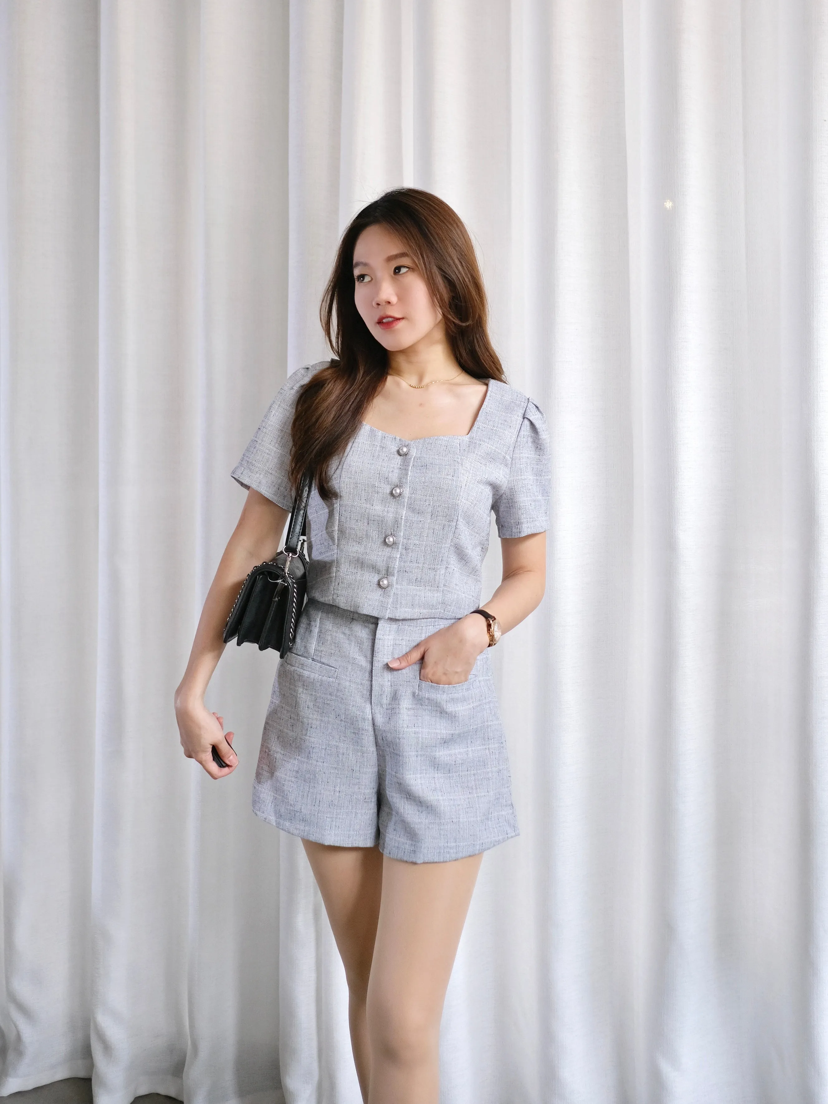 ACEWIN Two-Piece Tweed Plaid Top with Shorts Set (Size S-XL) 800104