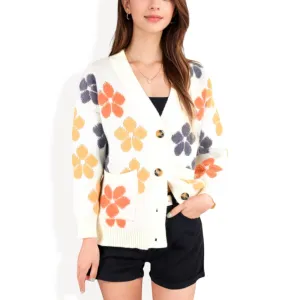 Anna-Kaci Women's Button-Up Knit Cardigan with Floral Print and Front Pockets