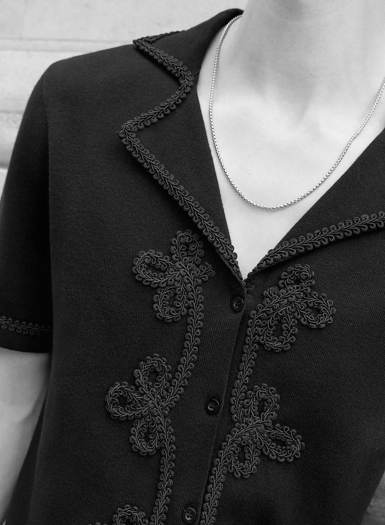 Black Embroidery Black Lace Knitted Cotton Polo