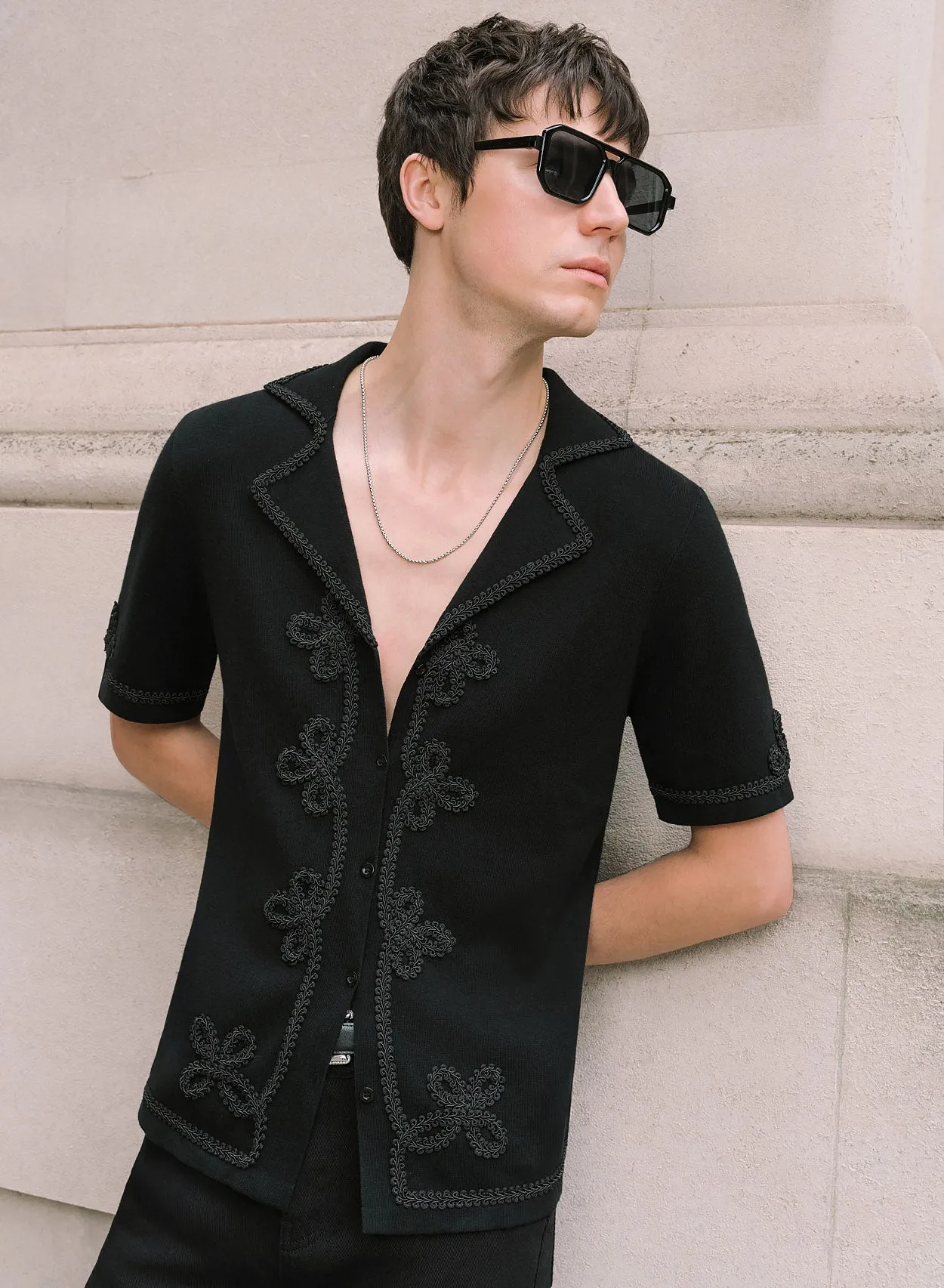 Black Embroidery Black Lace Knitted Cotton Polo