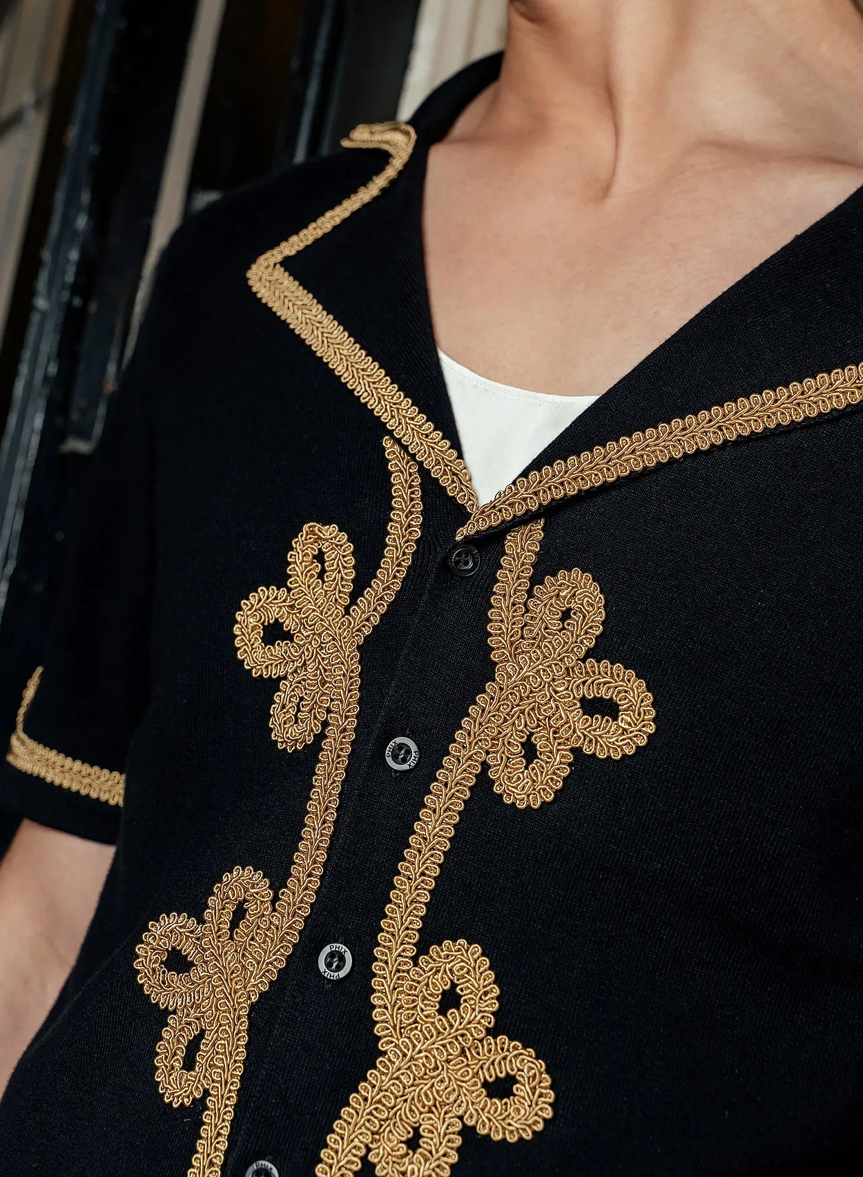 Black Gold Embroidery Lace Knitted Cropped Cotton Polo