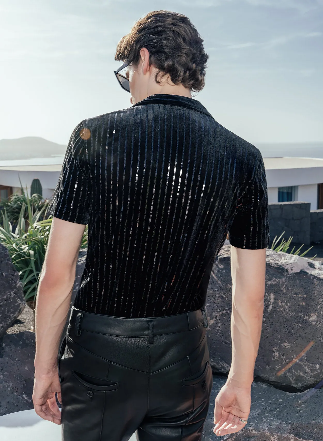 Black Velvet Sequin Short Sleeve Shirt