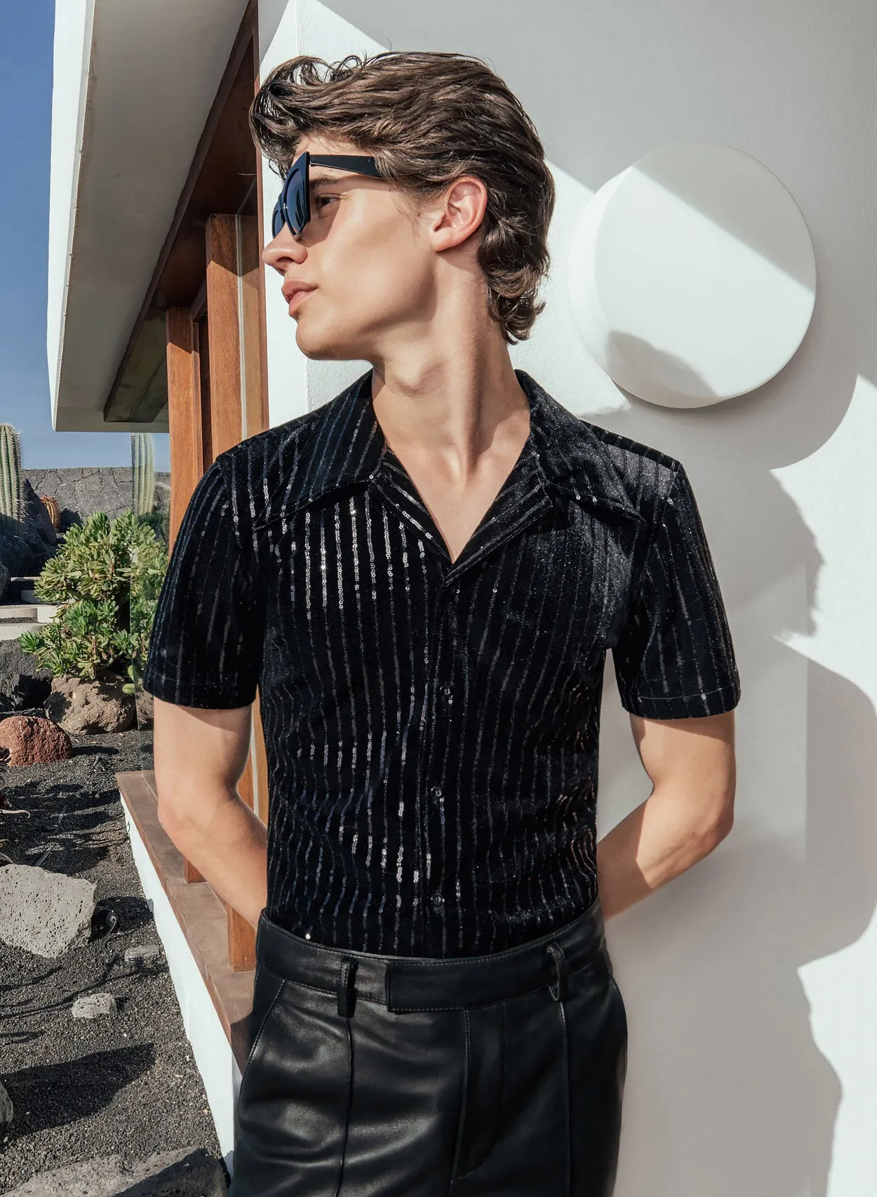 Black Velvet Sequin Short Sleeve Shirt