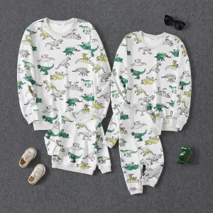 Family Matching Long Sleeved Dinosaur-Print Cotton Tops