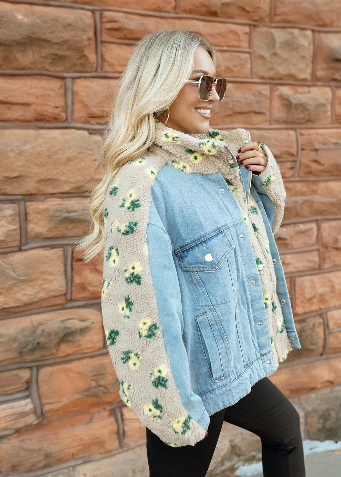 Floral Shearling & Denim Jacket