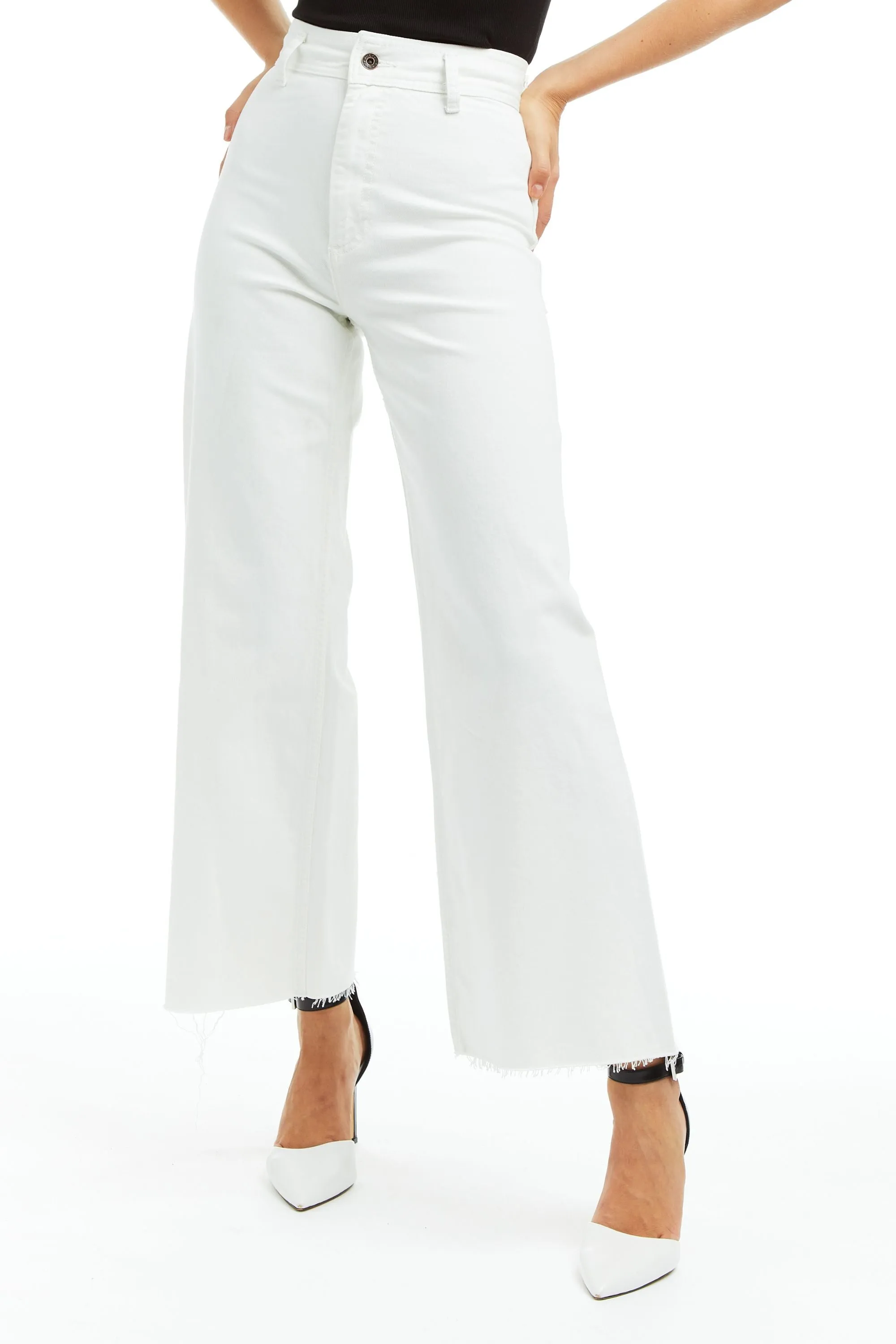 High Rise Flat Front Ankle Wide Leg W Raw Hem