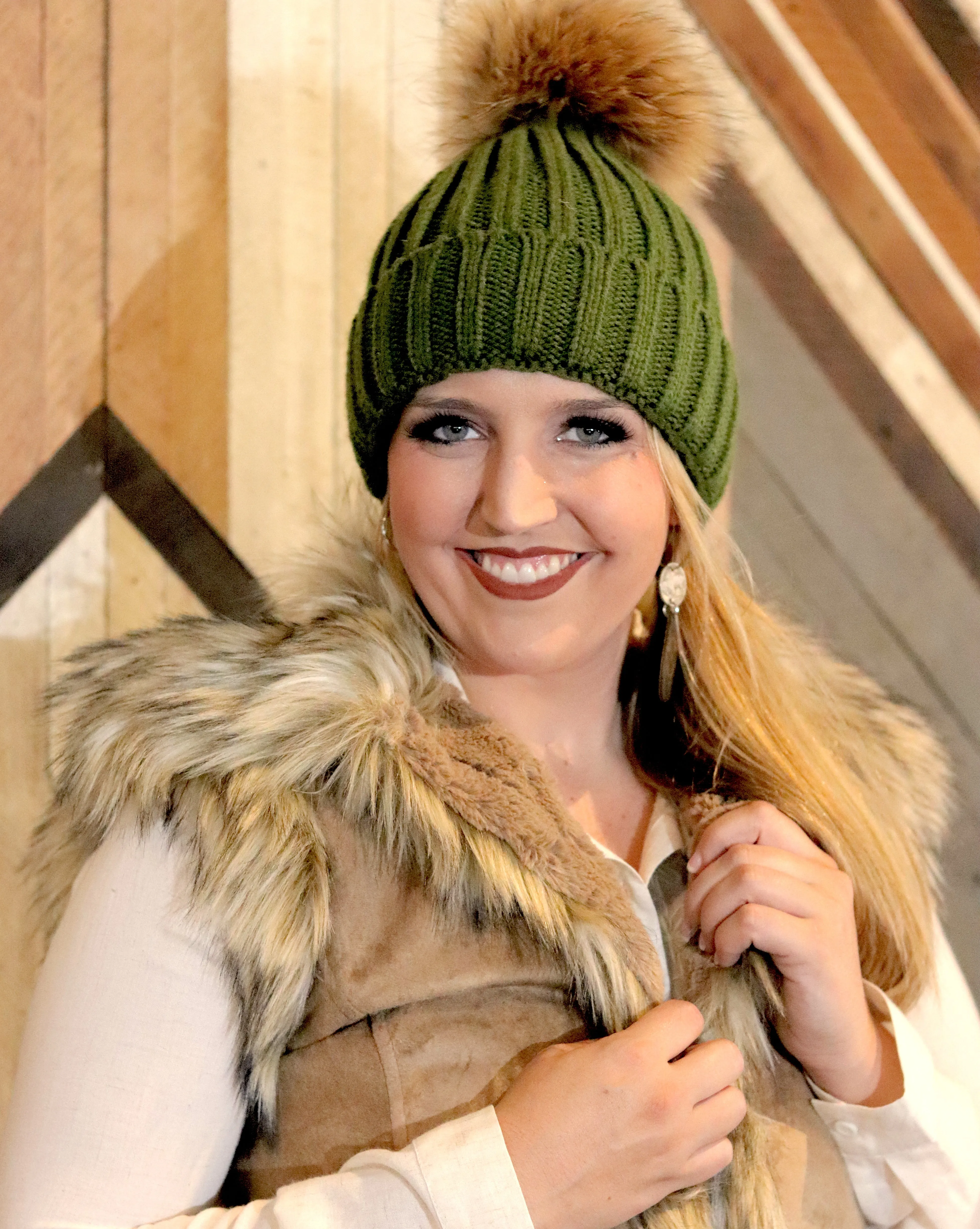 Knit Beanie W/ Fox Fur Detachable Pom