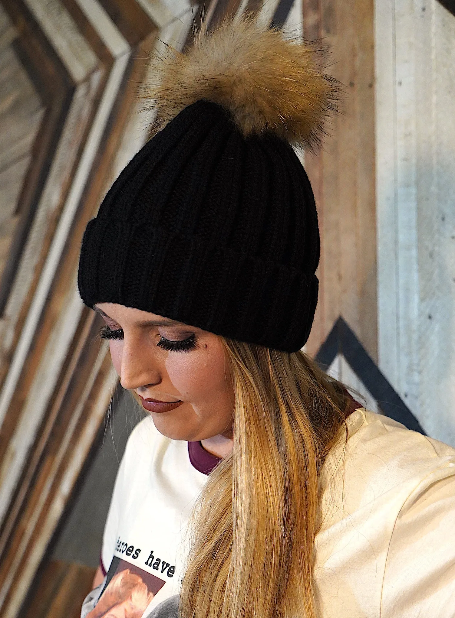 Knit Beanie W/ Fox Fur Detachable Pom