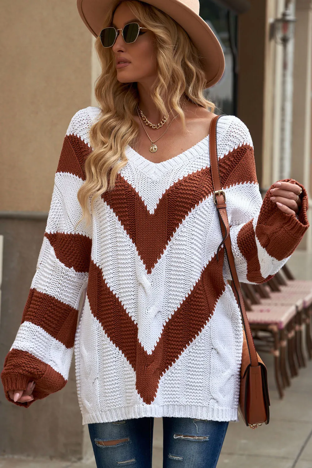 'Kourtney' Chevron Cable-Knit V-Neck Tunic Sweater (3 Colors)