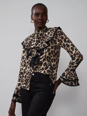 Leopard Bell Sleeve Ruffle Top