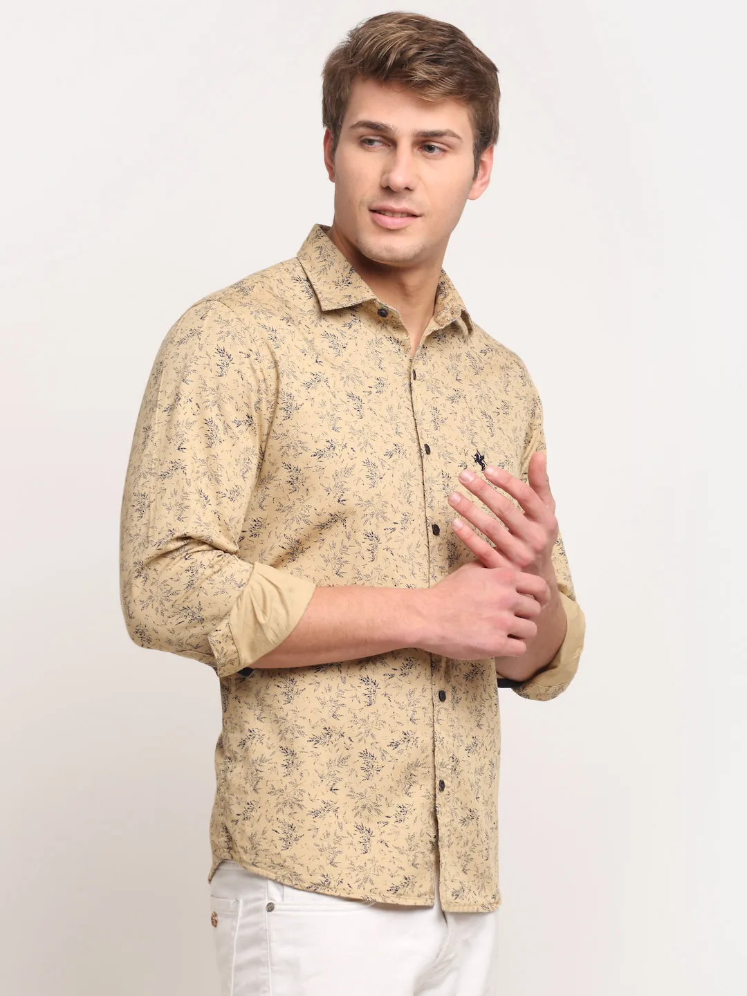 Men Cotton Printed Khaki Full Sleeve Casual Shirt for Men with Pocket