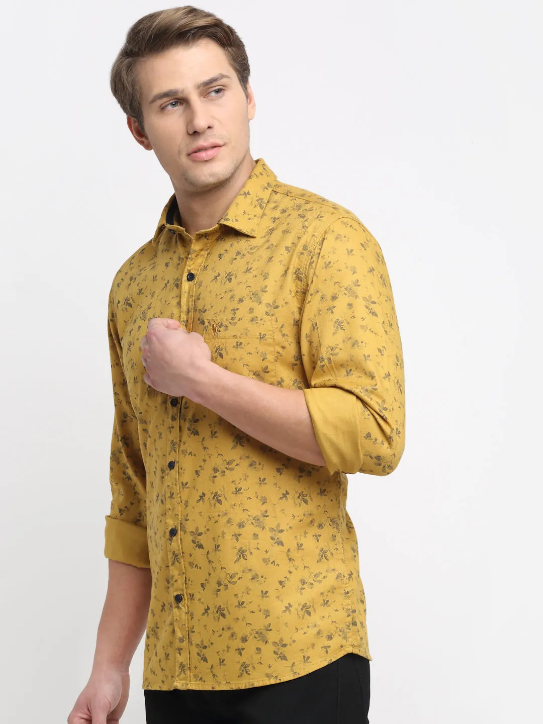 Men's Dark Yellow Casual Floral Print Full Sleeve Shirt