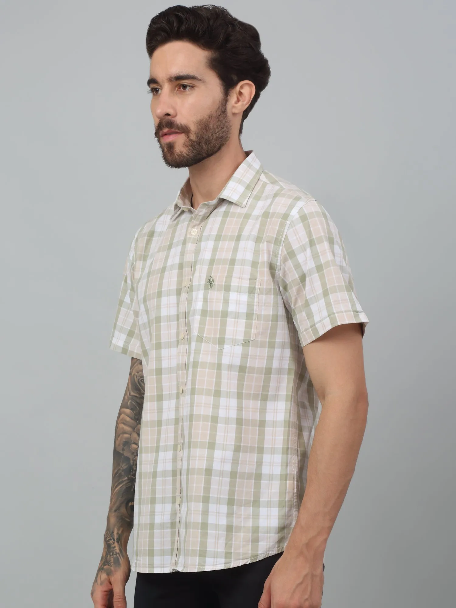 Men's Olive Green Casual Big Checks Half sleeve Shirt