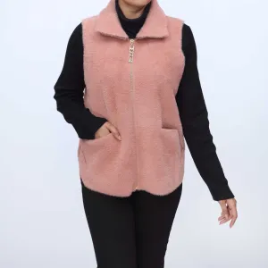 Peach Sleeveless Zip-Up Collared Cardigan PW3920