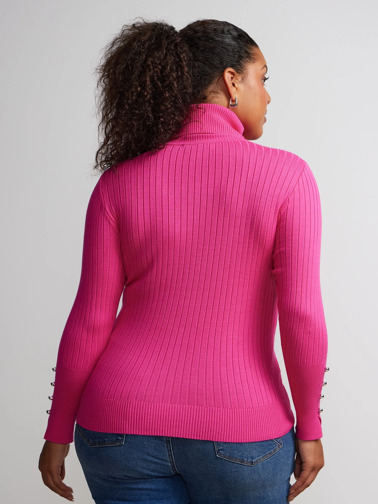 Plus Ribbed Turtle Neck Button Detail Top