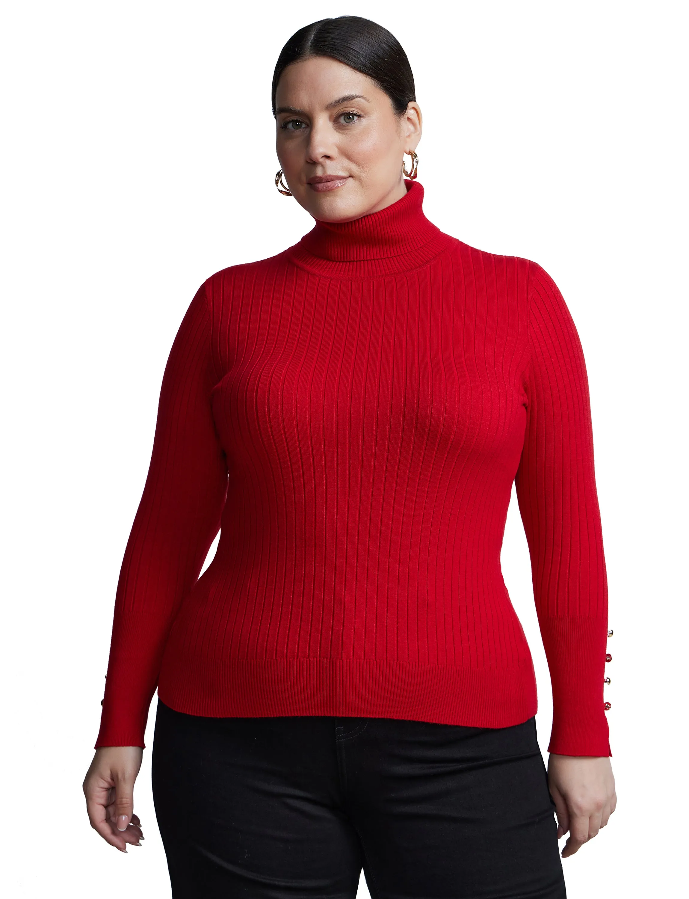 Plus Ribbed Turtle Neck Button Detail Top