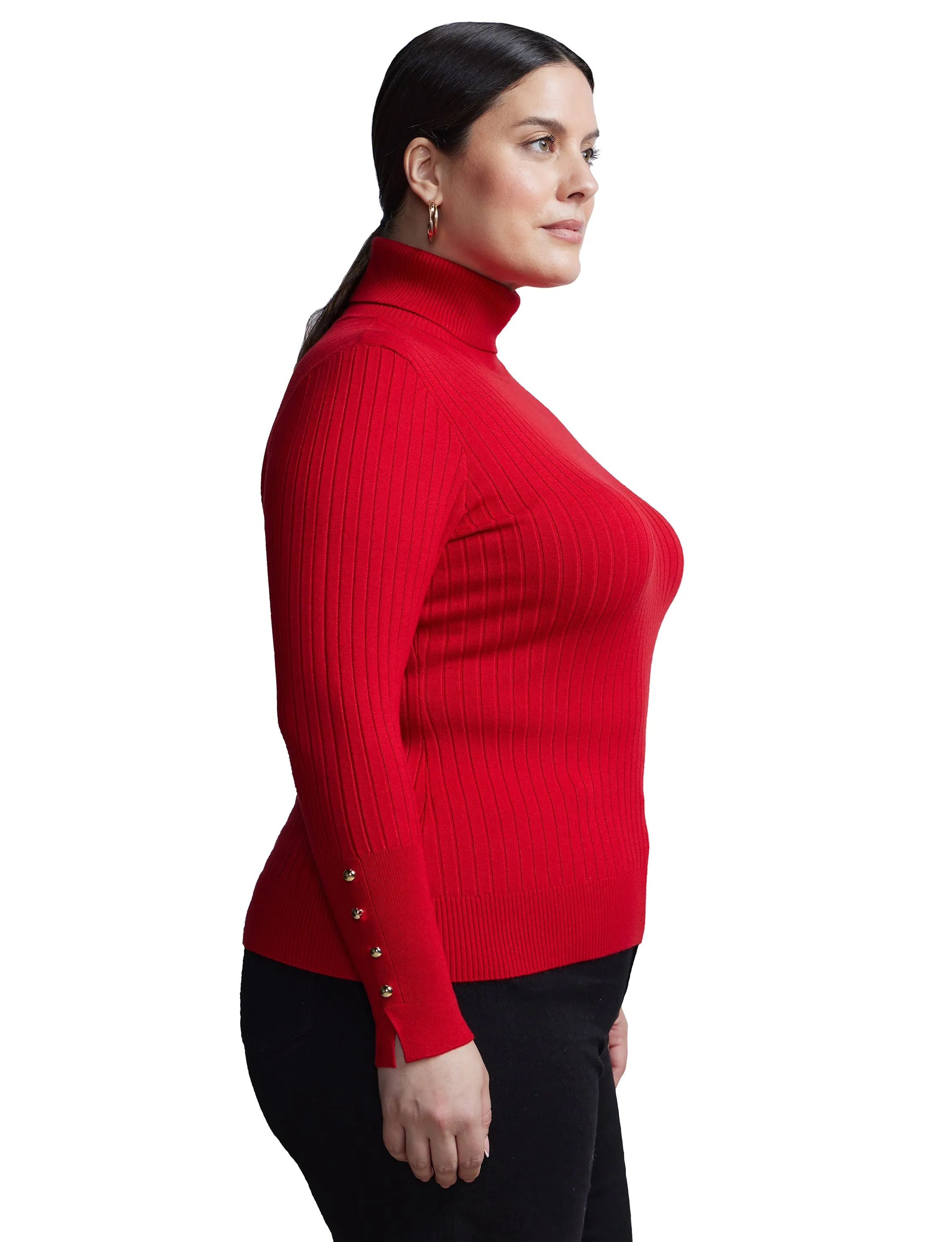 Plus Ribbed Turtle Neck Button Detail Top