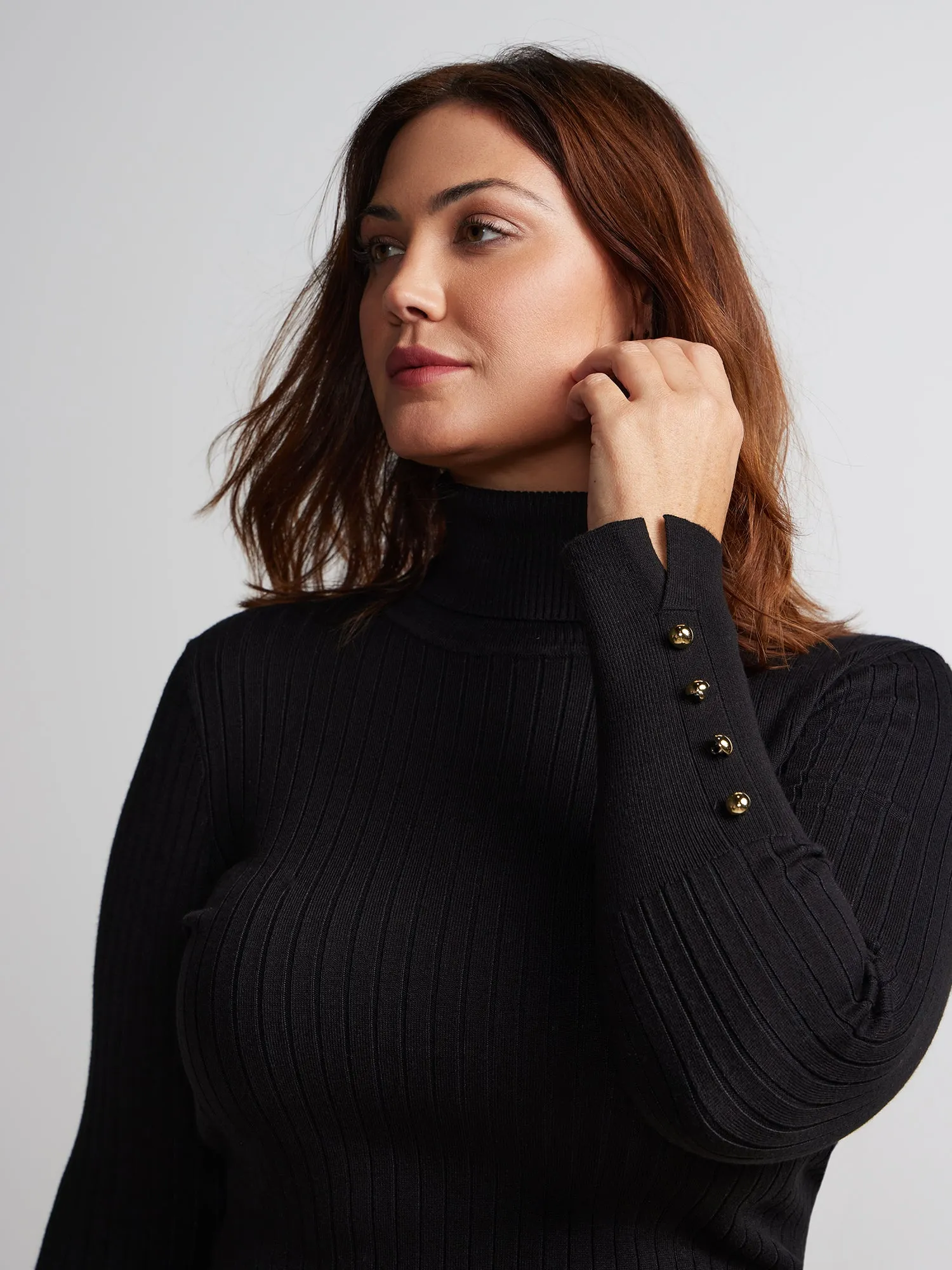 Plus Ribbed Turtle Neck Button Detail Top