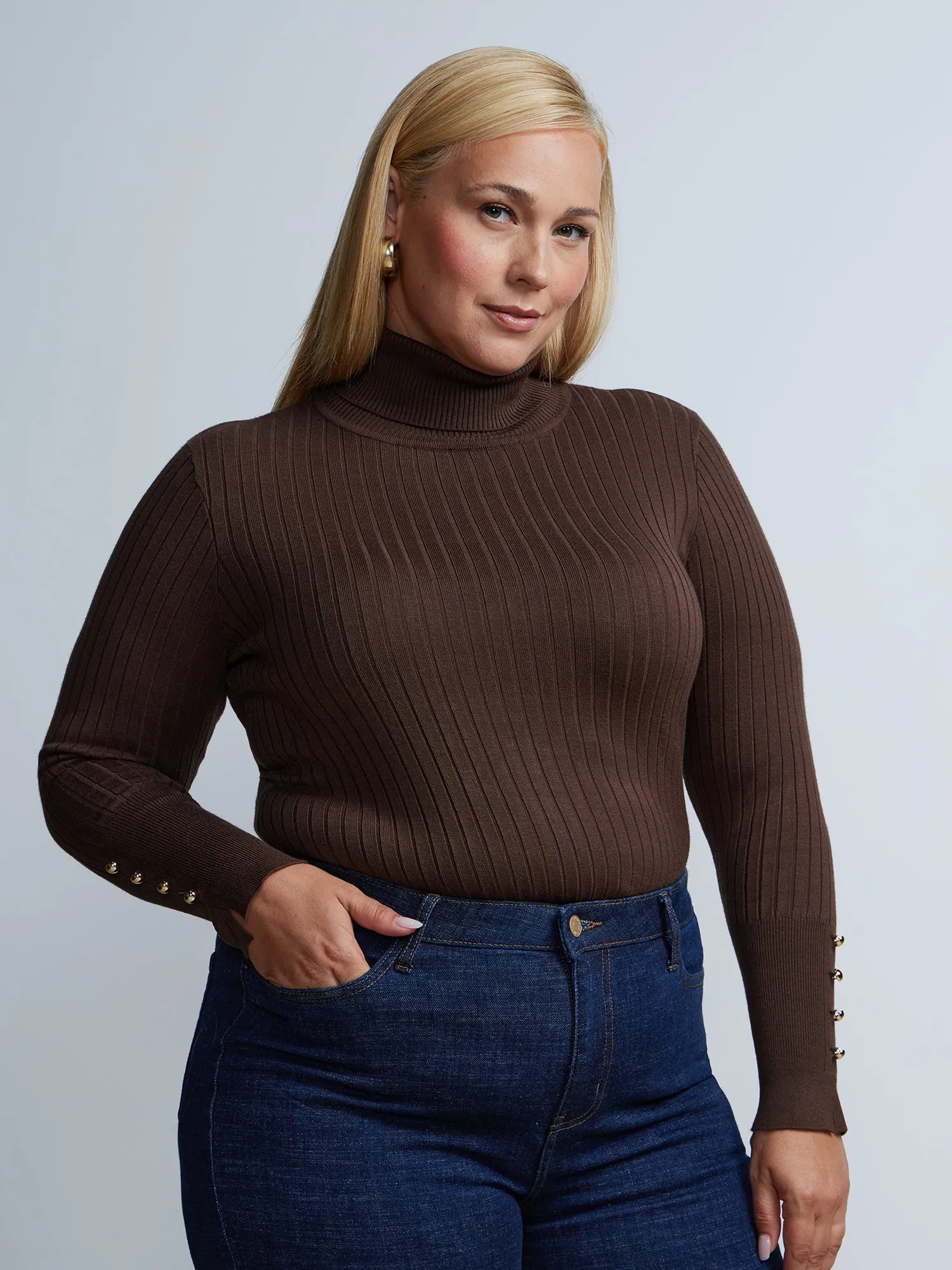 Plus Ribbed Turtle Neck Button Detail Top