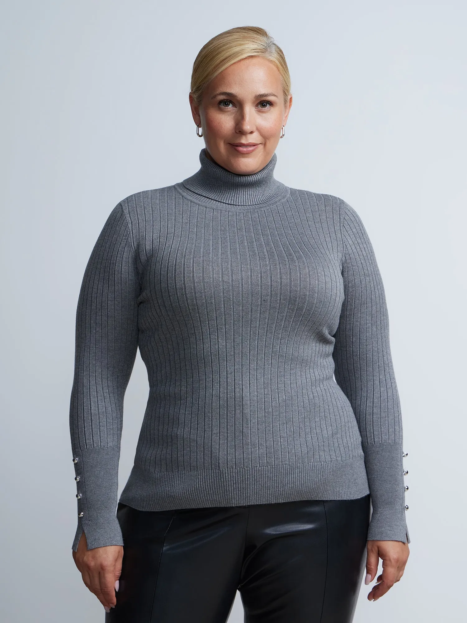 Plus Ribbed Turtle Neck Button Detail Top