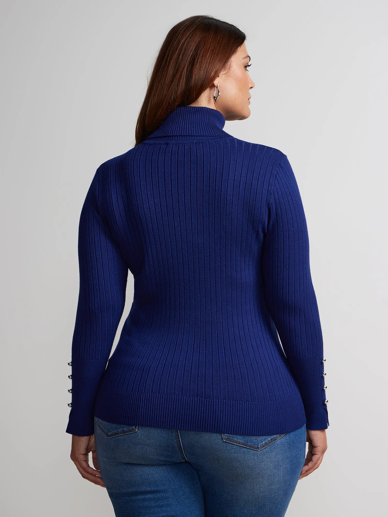 Plus Ribbed Turtle Neck Button Detail Top