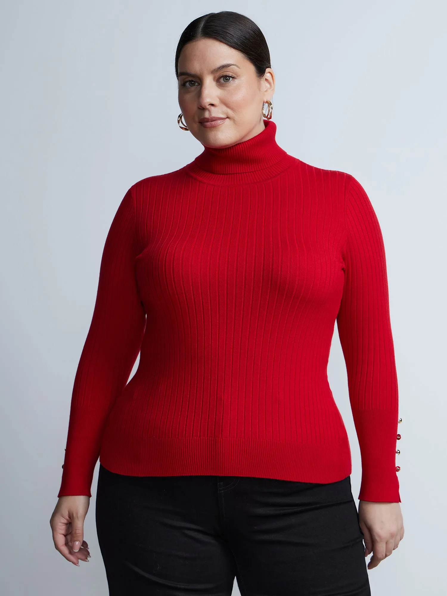 Plus Ribbed Turtle Neck Button Detail Top