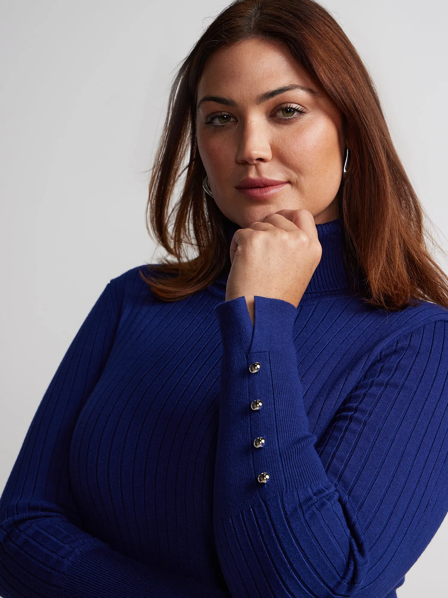 Plus Ribbed Turtle Neck Button Detail Top