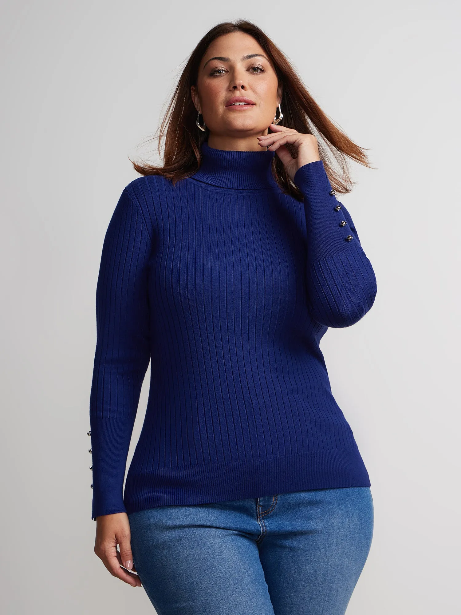 Plus Ribbed Turtle Neck Button Detail Top