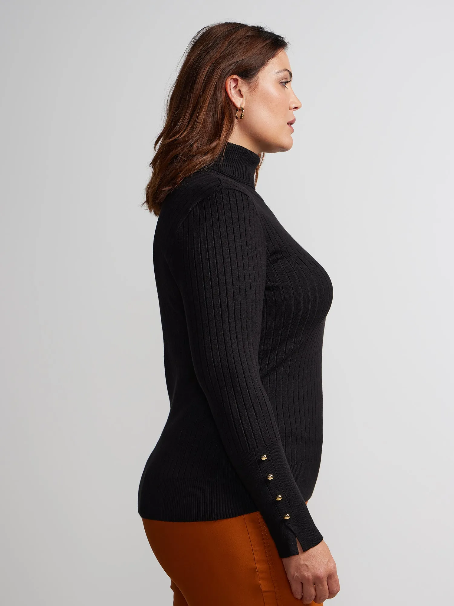 Plus Ribbed Turtle Neck Button Detail Top