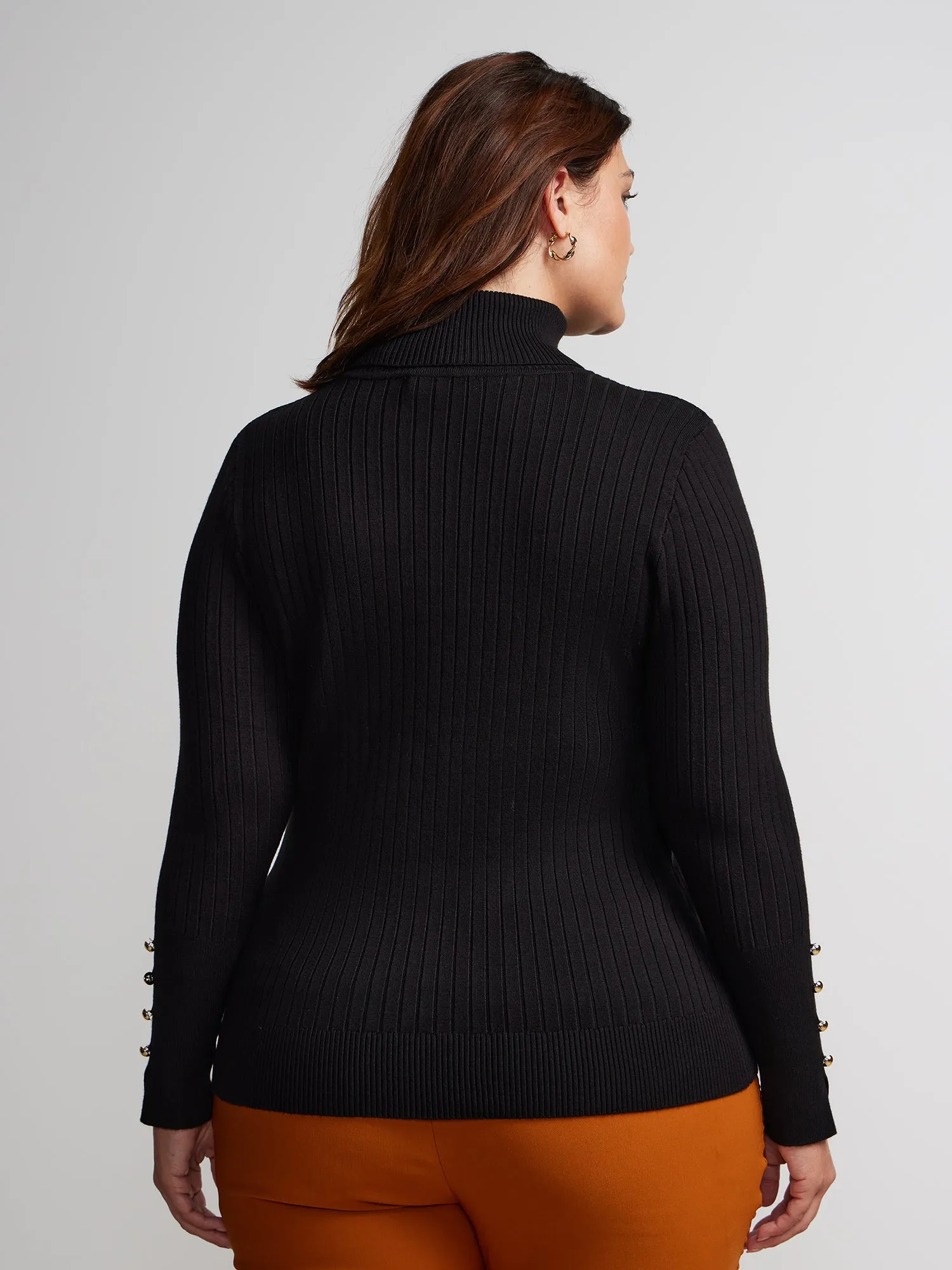 Plus Ribbed Turtle Neck Button Detail Top