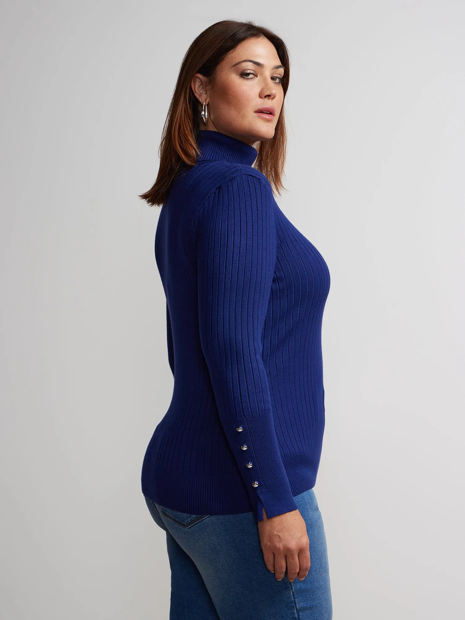 Plus Ribbed Turtle Neck Button Detail Top