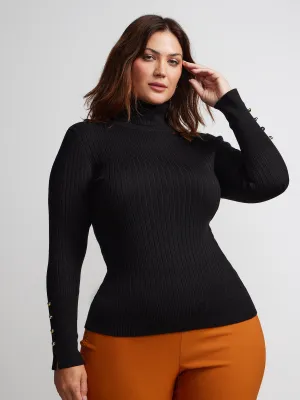 Plus Ribbed Turtle Neck Button Detail Top