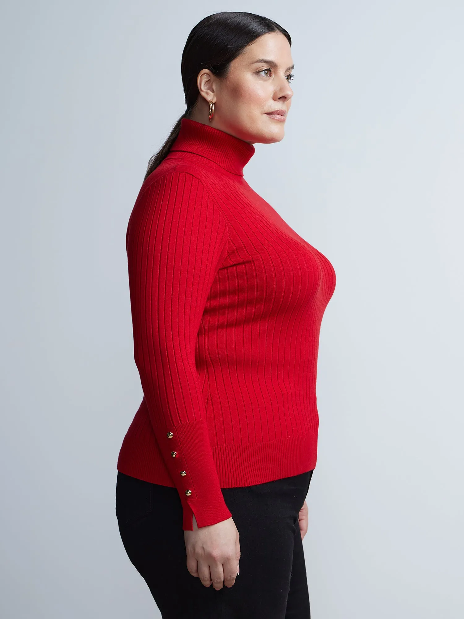 Plus Ribbed Turtle Neck Button Detail Top