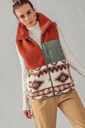 Sherpa Fleece Tribal Print High Neck Vest