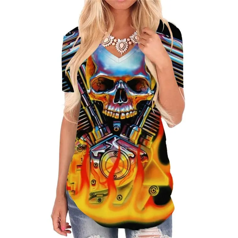 Skull T Shirt Women Punk V-neck Tshirt Flame Funny T shirts Motorcycle T-shirts 3d