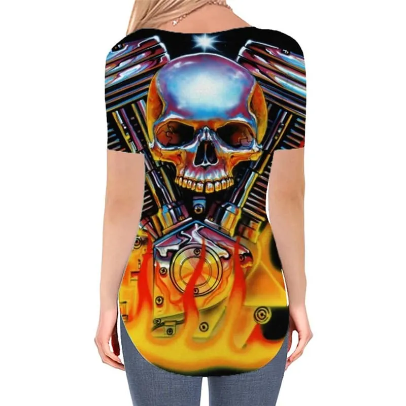 Skull T Shirt Women Punk V-neck Tshirt Flame Funny T shirts Motorcycle T-shirts 3d