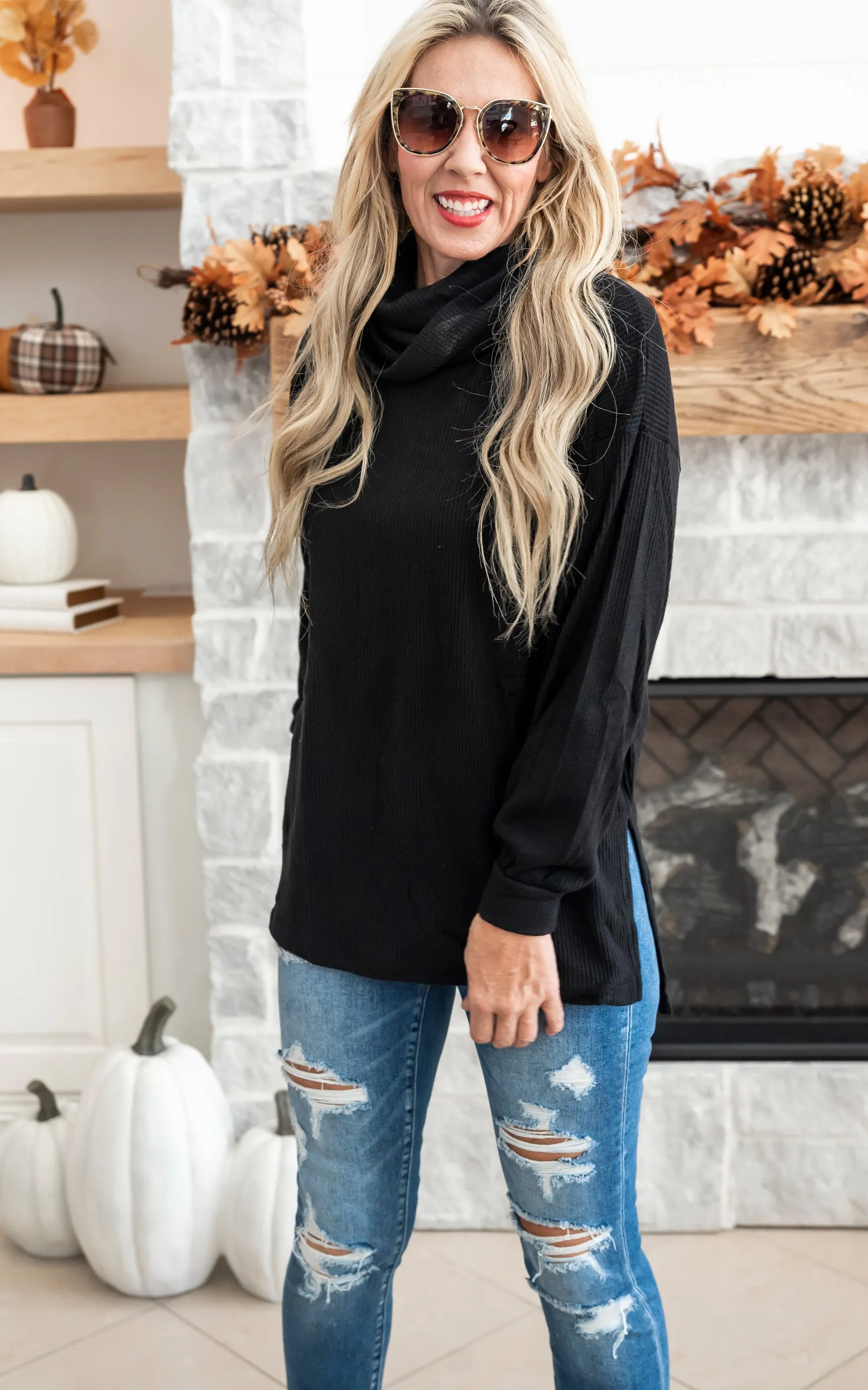 Slouchy Waffle Cowl Neck Top - Final Sale