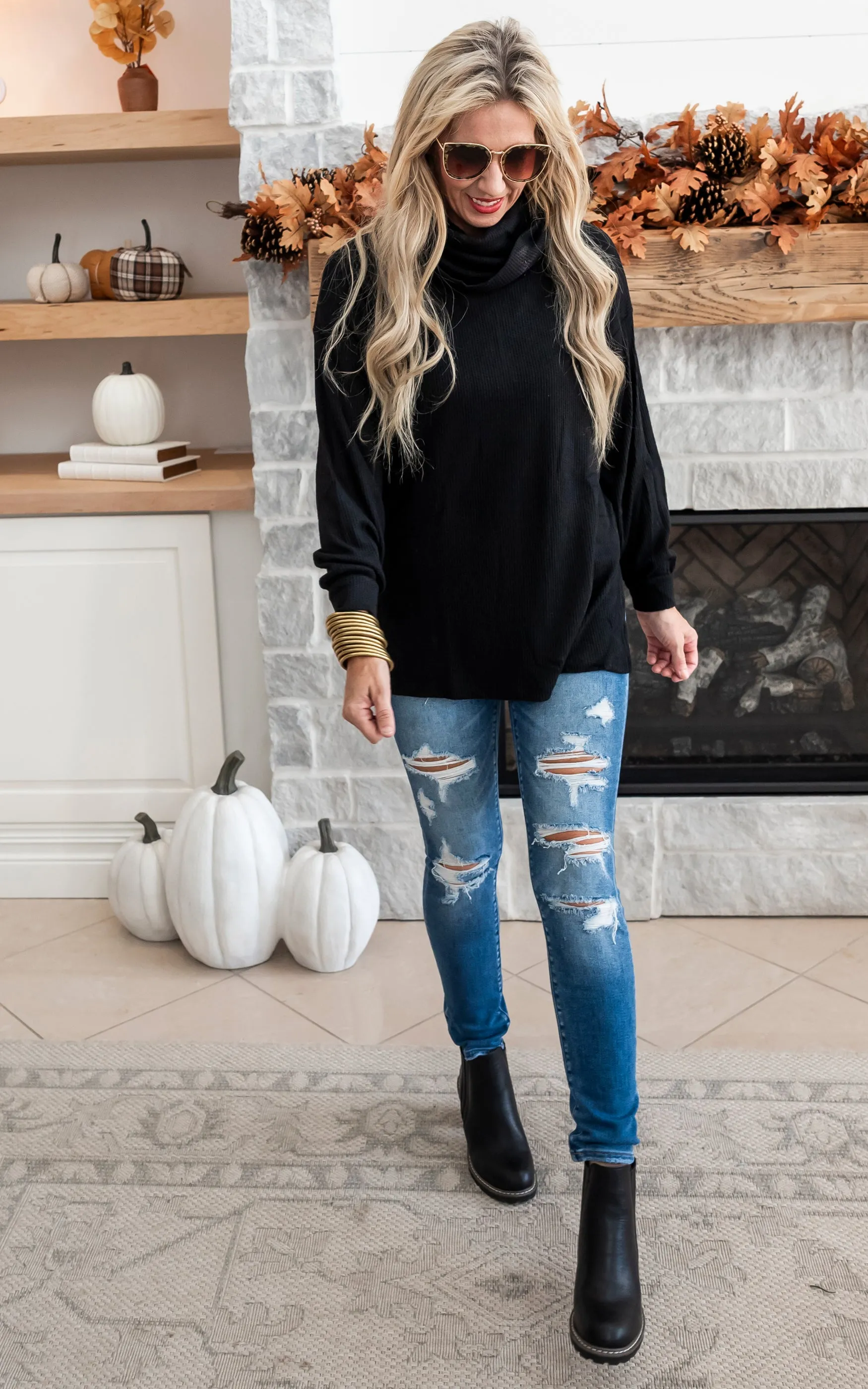 Slouchy Waffle Cowl Neck Top - Final Sale