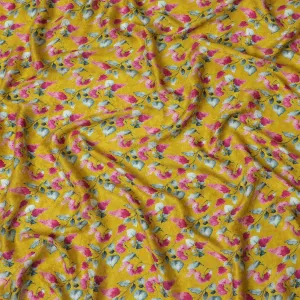 Sunny Marigold with Pink Floral Print Crepe Silk Fabric, 110cm Width - Vibrant and Versatile for All Designs-D18911