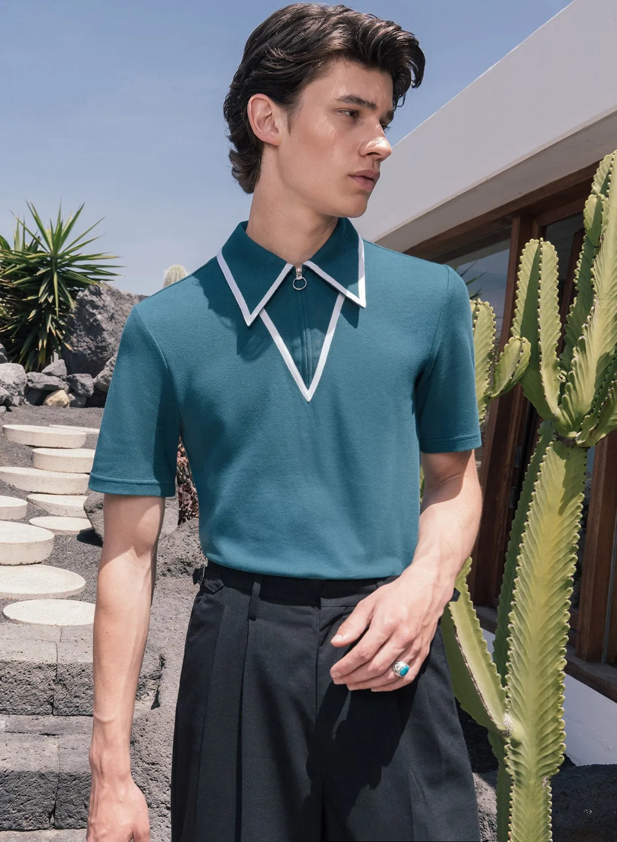 Teal Carnaby Circle Zip Cotton Polo Shirt