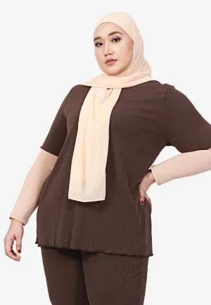 Tia Short Sleeve Ribbed Top - Brown