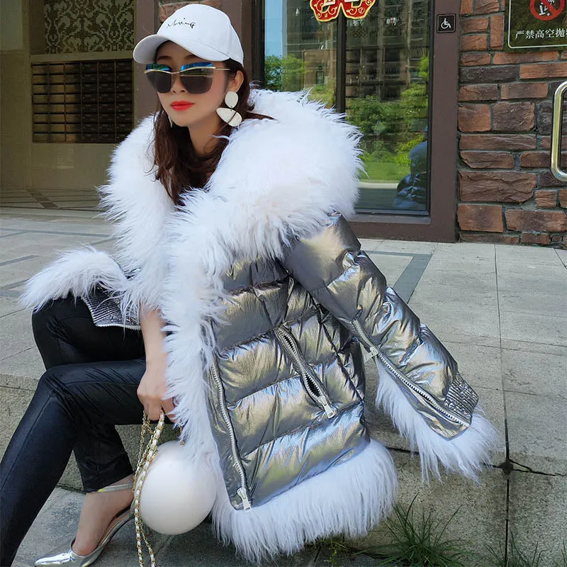 Women Winter Down Jacket Coat Long Warm Silver Parkas Mongolia Sheep Fur Duck Down