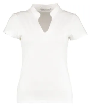 Womens corporate short-sleeved top v-neck mandarin collar (regular fit) | White