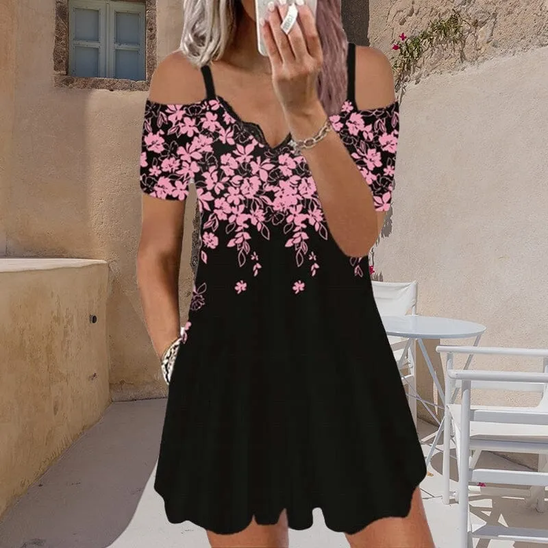 Women's Lace V-Nck Floral Print Sexy Dress